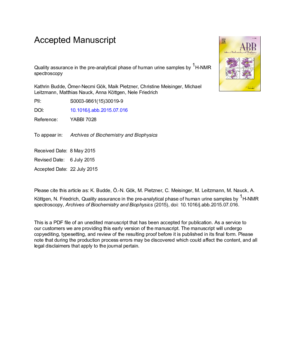 عکس صفحه اول مقاله: Quality assurance in the pre-analytical phase of human urine samples by 1H NMR spectroscopy Quality assurance in the pre-analytical phase of human urine samples by 1H NMR spectroscopy