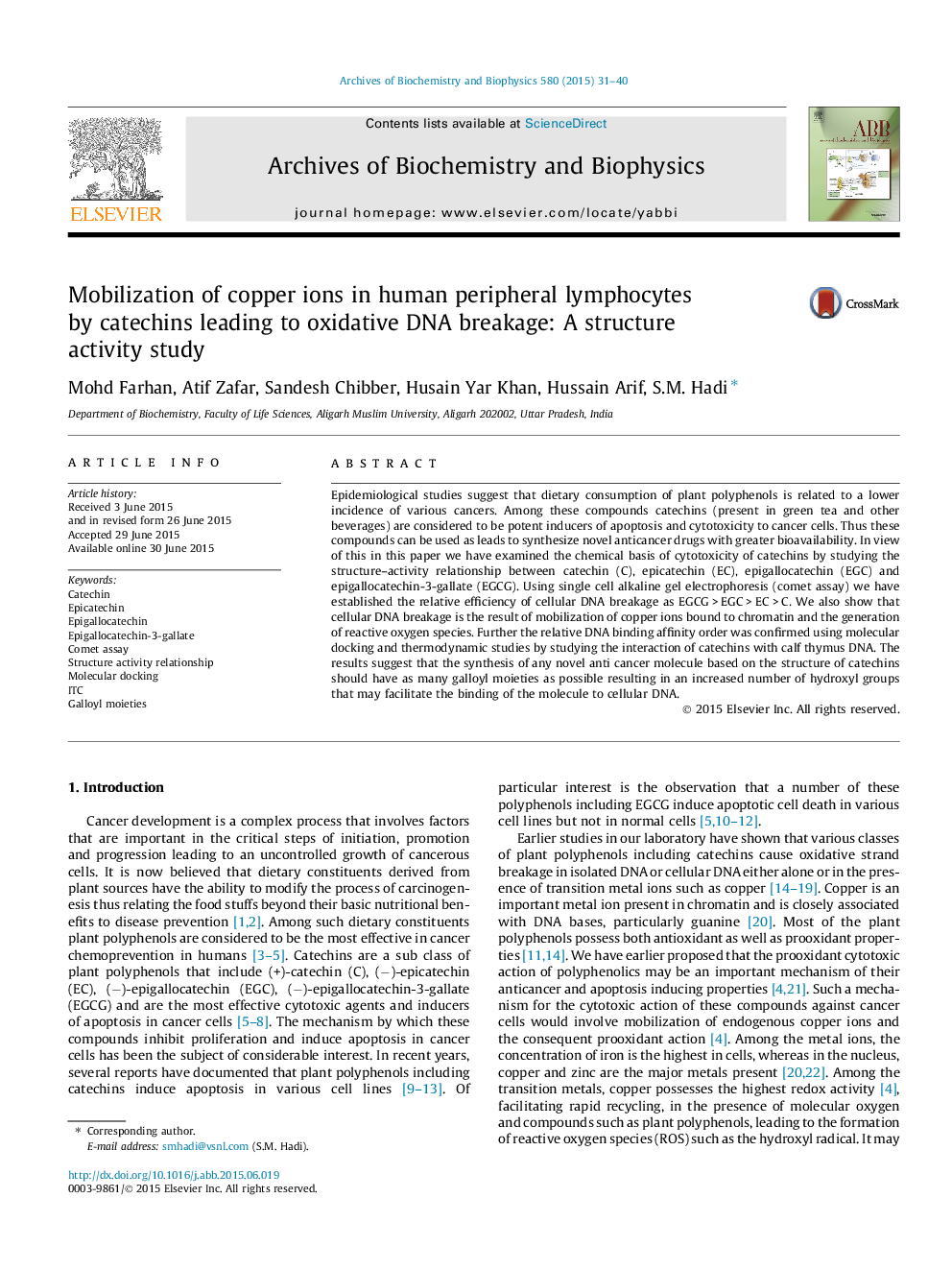 Mobilization of copper ions in human peripheral lymphocytes by catechins leading to oxidative DNA breakage: A structure activity study