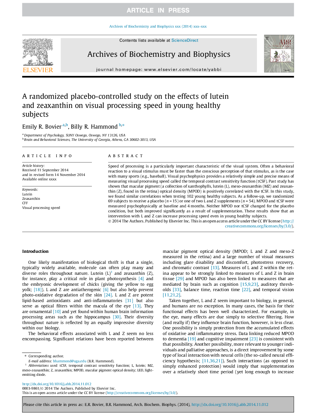 A randomized placebo-controlled study on the effects of lutein and zeaxanthin on visual processing speed in young healthy subjects