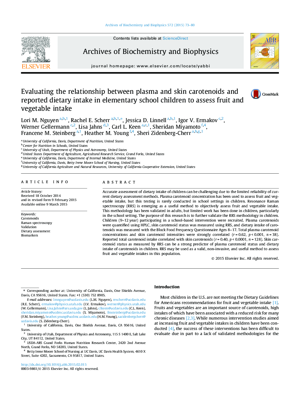 Evaluating the relationship between plasma and skin carotenoids and reported dietary intake in elementary school children to assess fruit and vegetable intake