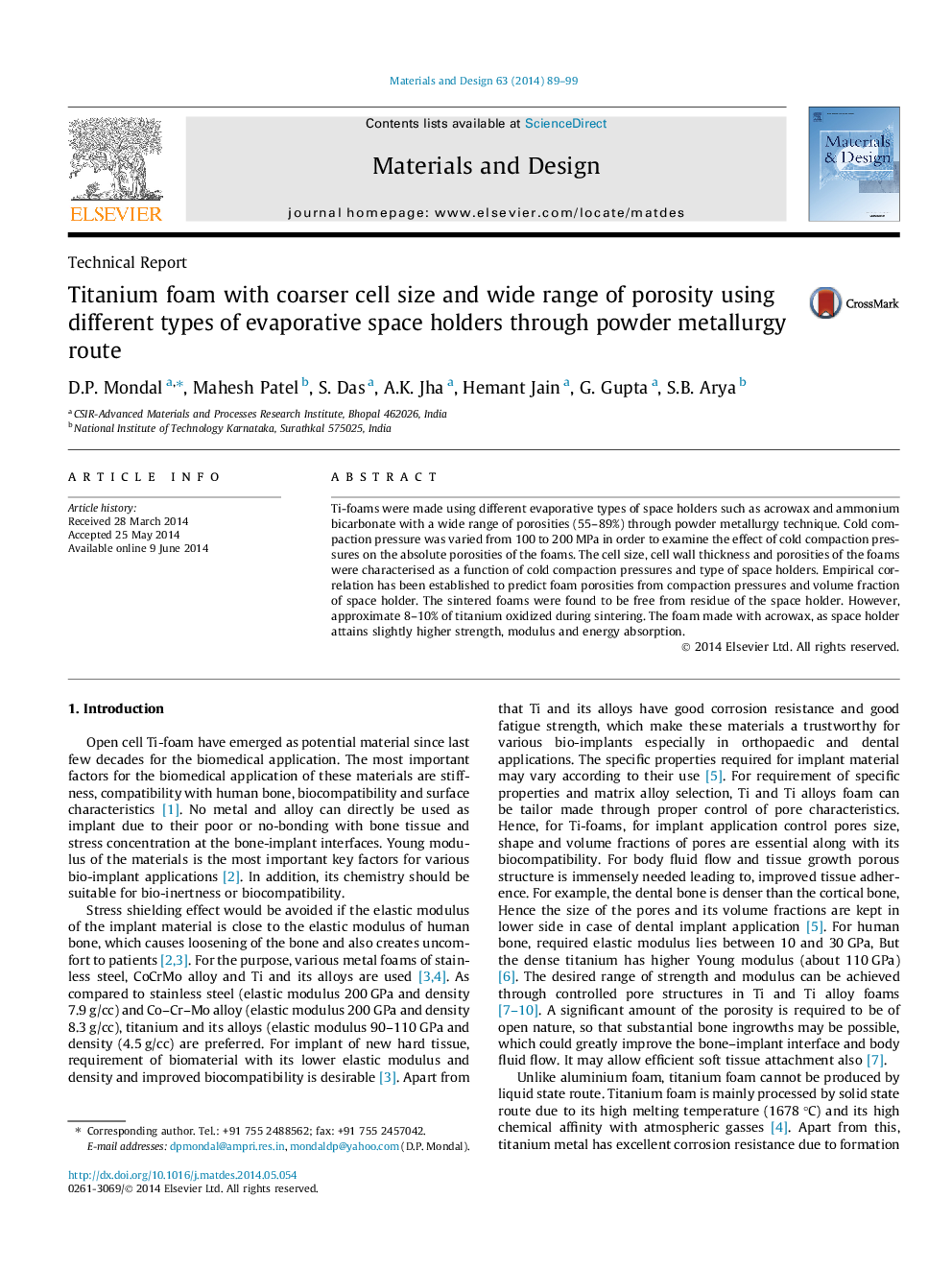 Titanium foam with coarser cell size and wide range of porosity using different types of evaporative space holders through powder metallurgy route