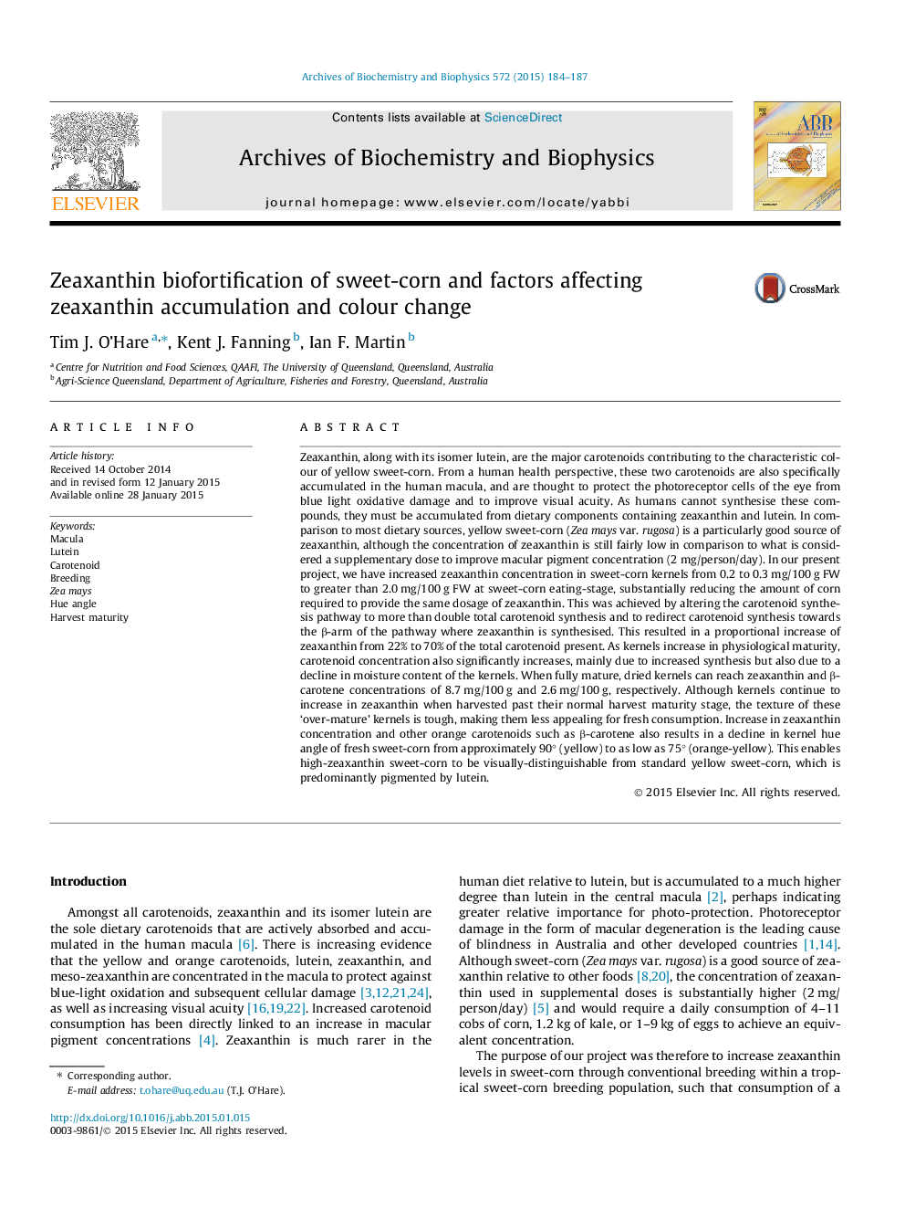 Zeaxanthin biofortification of sweet-corn and factors affecting zeaxanthin accumulation and colour change