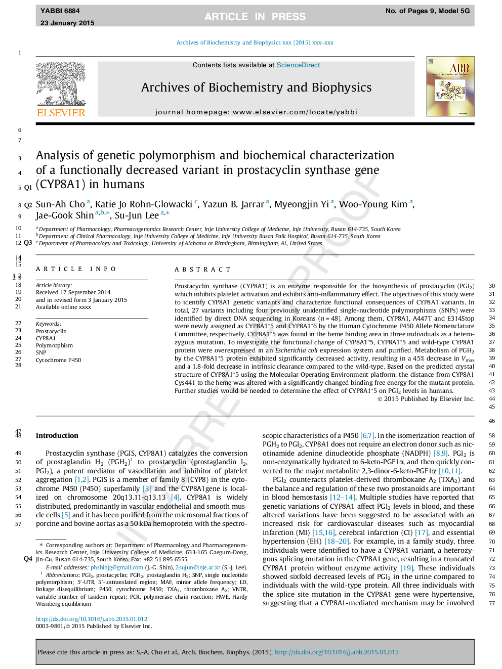 Analysis of genetic polymorphism and biochemical characterization of a functionally decreased variant in prostacyclin synthase gene (CYP8A1) in humans