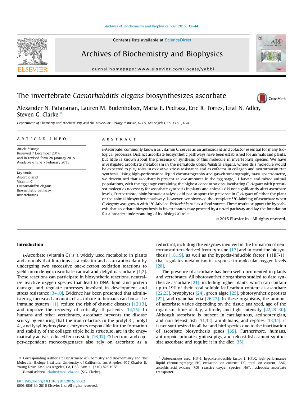 The invertebrate Caenorhabditis elegans biosynthesizes ascorbate