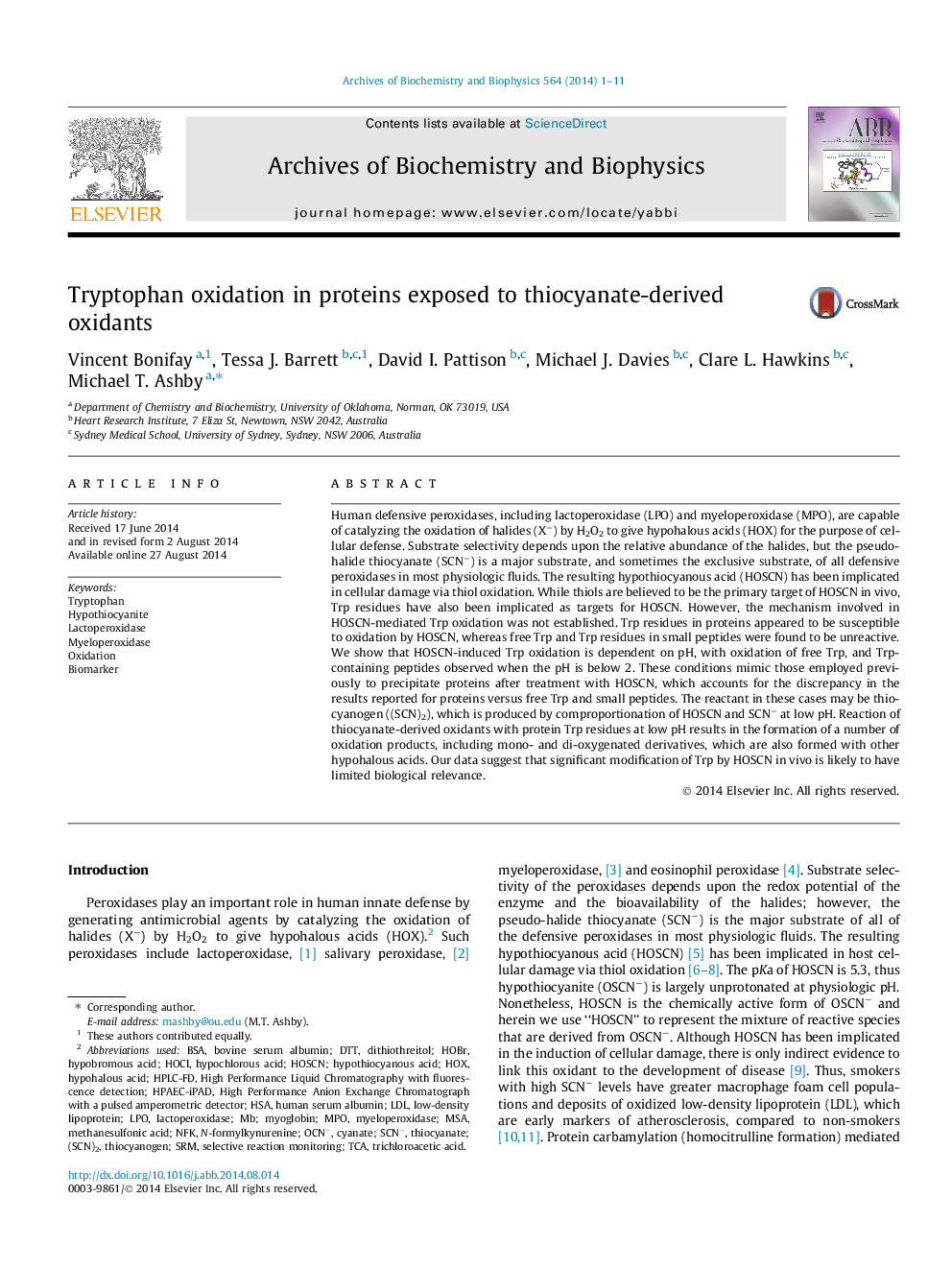 Tryptophan oxidation in proteins exposed to thiocyanate-derived oxidants