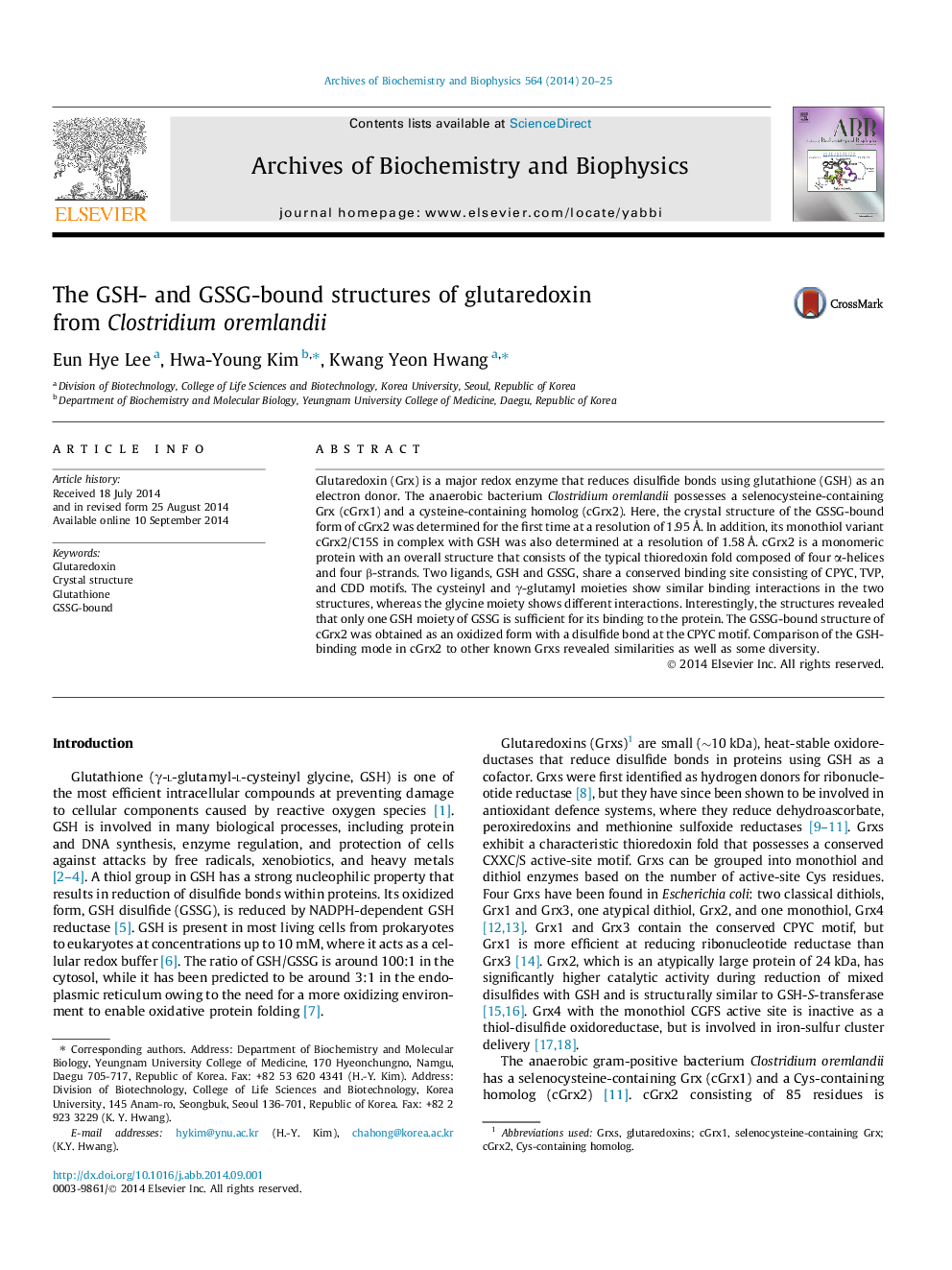 The GSH- and GSSG-bound structures of glutaredoxin from Clostridium oremlandii