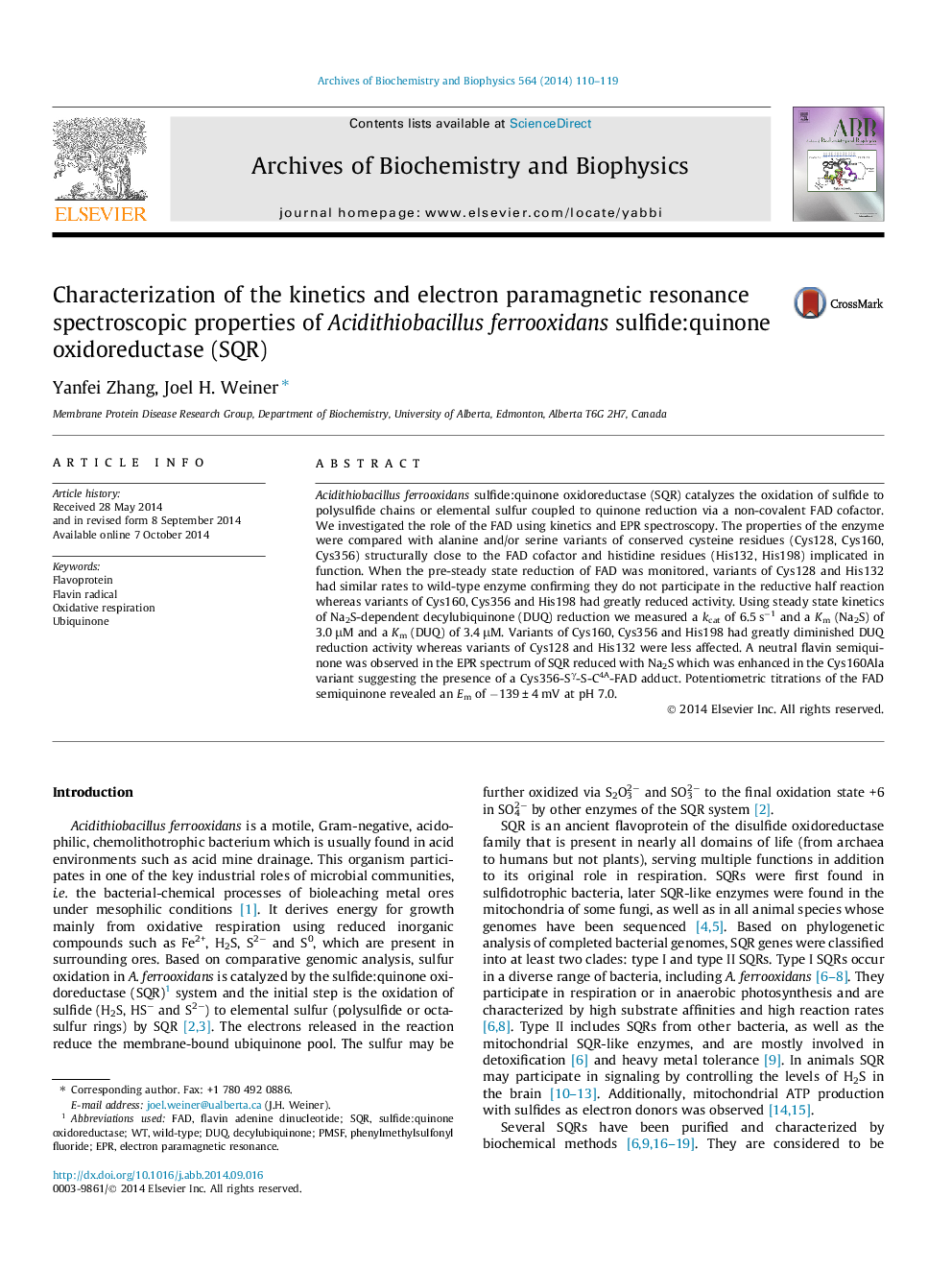 Characterization of the kinetics and electron paramagnetic resonance spectroscopic properties of Acidithiobacillus ferrooxidans sulfide:quinone oxidoreductase (SQR)