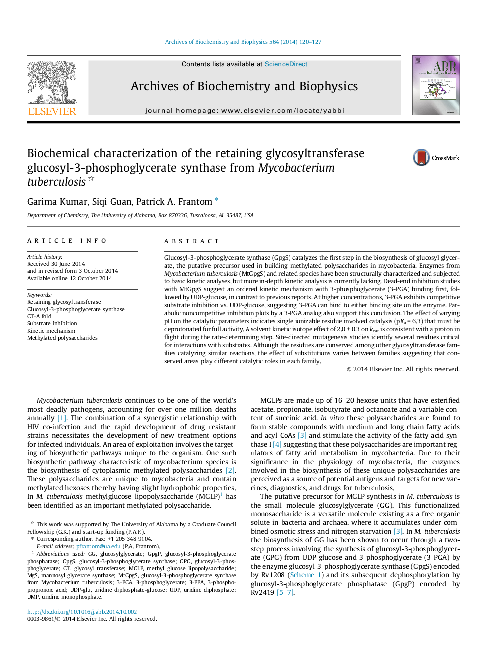 Biochemical characterization of the retaining glycosyltransferase glucosyl-3-phosphoglycerate synthase from Mycobacterium tuberculosis