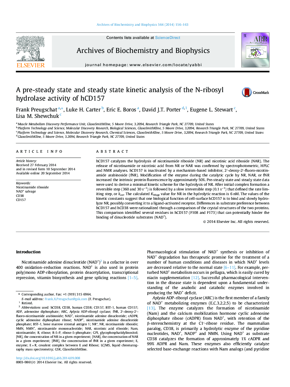 A pre-steady state and steady state kinetic analysis of the N-ribosyl hydrolase activity of hCD157