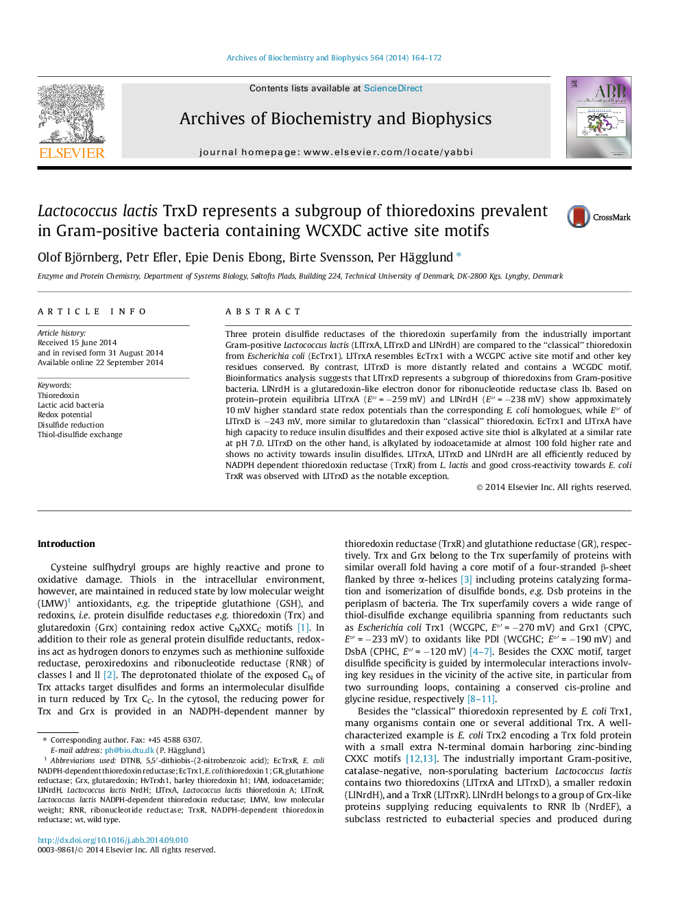 Lactococcus lactis TrxD represents a subgroup of thioredoxins prevalent in Gram-positive bacteria containing WCXDC active site motifs