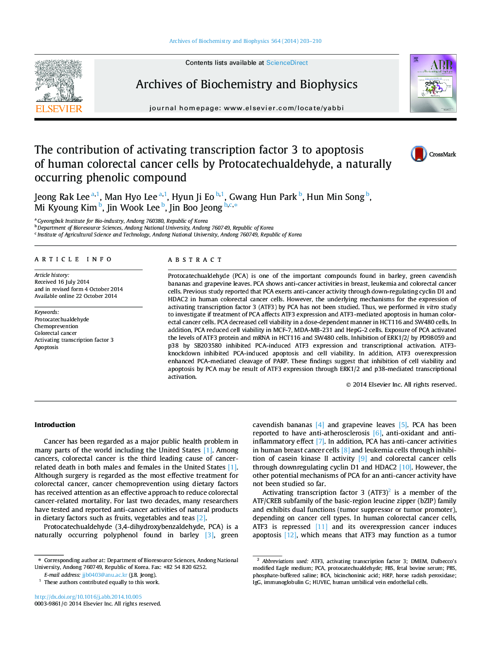 The contribution of activating transcription factor 3 to apoptosis of human colorectal cancer cells by protocatechualdehyde, a naturally occurring phenolic compound