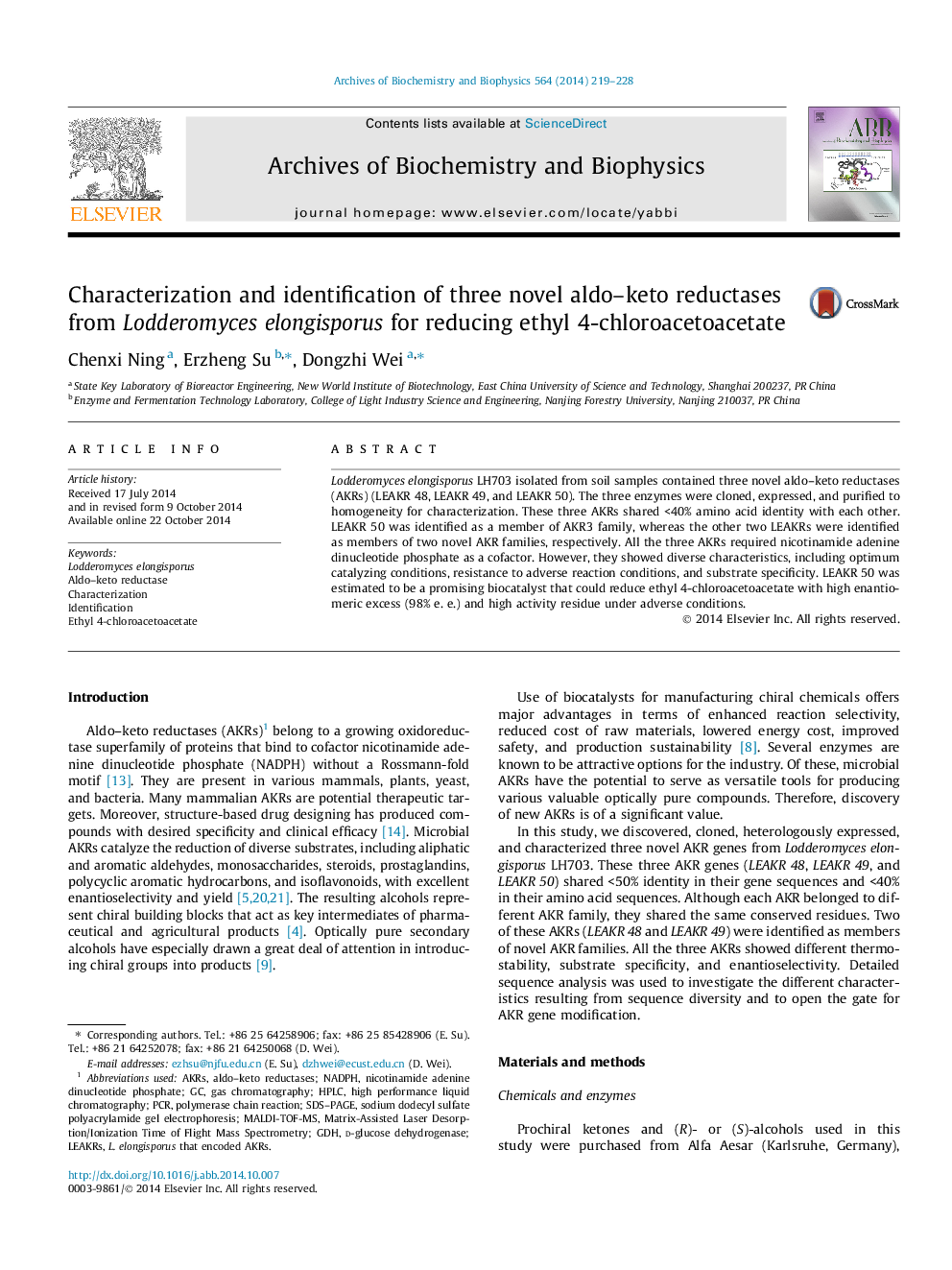 Characterization and identification of three novel aldo-keto reductases from Lodderomyces elongisporus for reducing ethyl 4-chloroacetoacetate