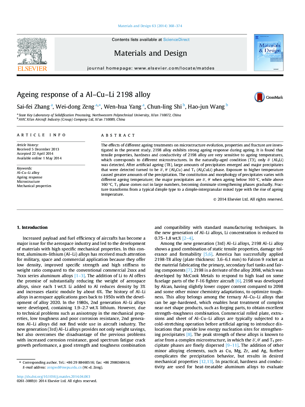 Ageing response of a Al–Cu–Li 2198 alloy