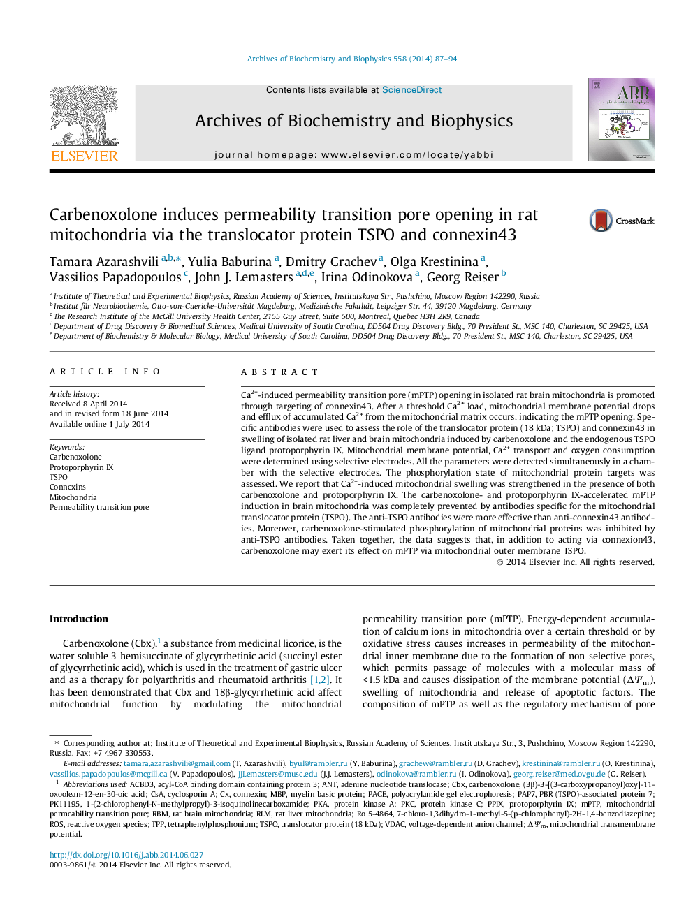 Carbenoxolone induces permeability transition pore opening in rat mitochondria via the translocator protein TSPO and connexin43