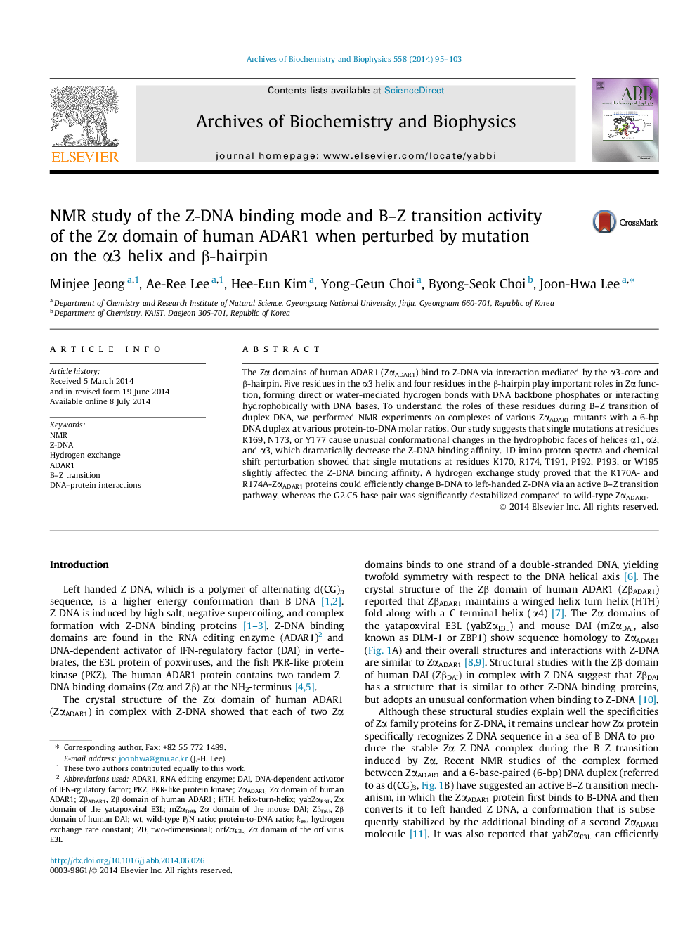 NMR study of the Z-DNA binding mode and B-Z transition activity of the ZÎ± domain of human ADAR1 when perturbed by mutation on the Î±3 helix and Î²-hairpin