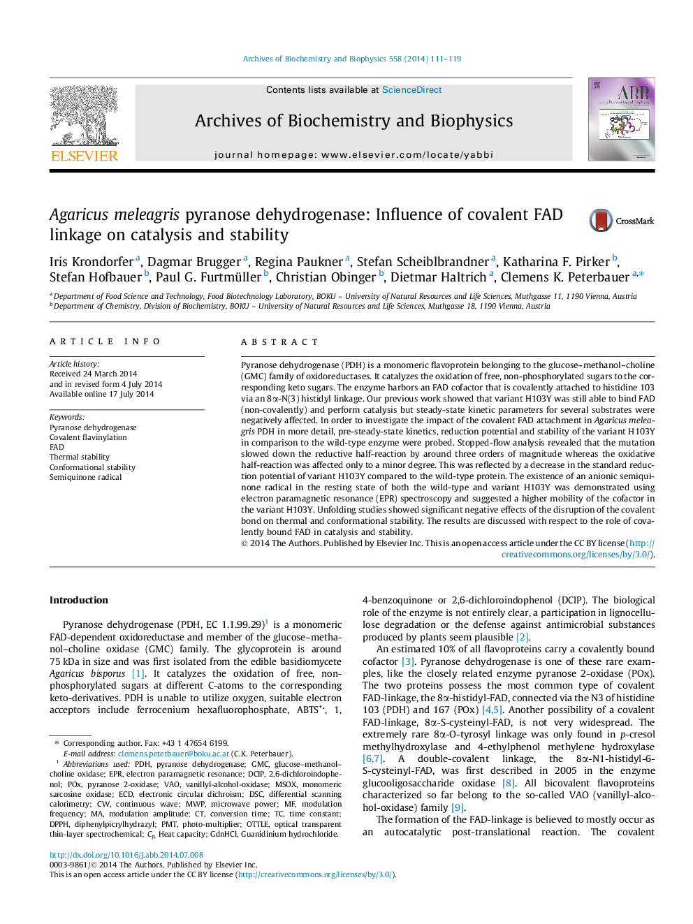 Agaricus meleagris pyranose dehydrogenase: Influence of covalent FAD linkage on catalysis and stability