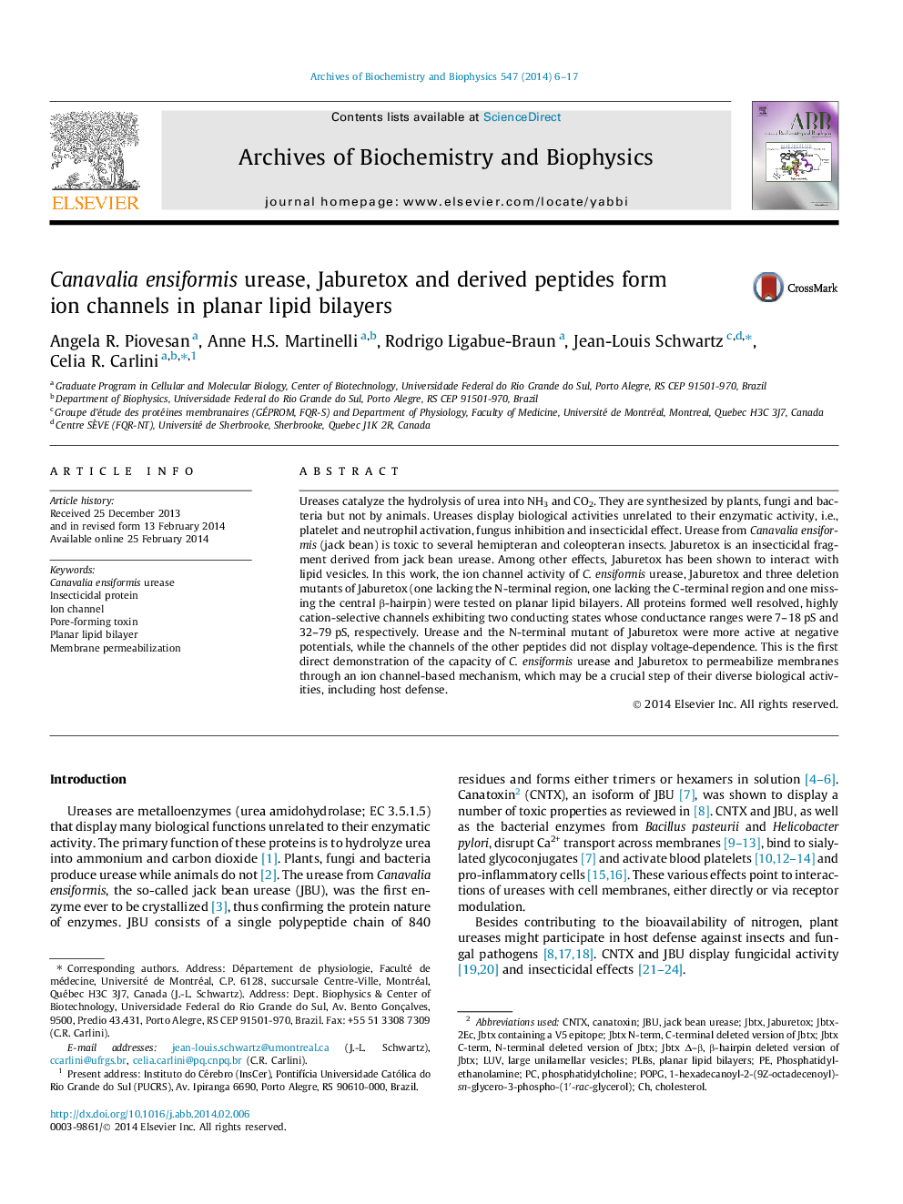 Canavalia ensiformis urease, Jaburetox and derived peptides form ion channels in planar lipid bilayers