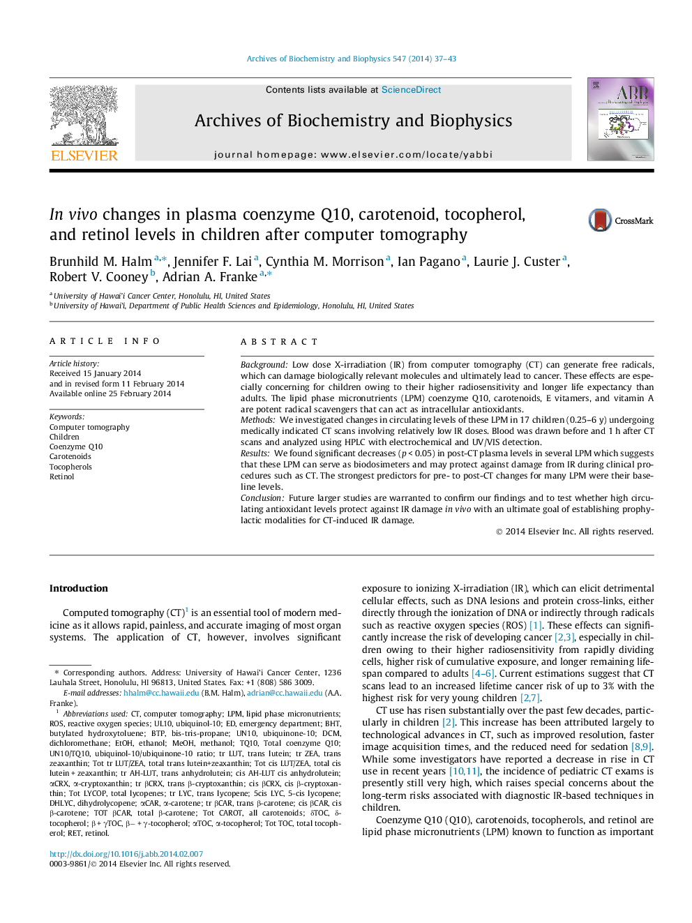 In vivo changes in plasma coenzyme Q10, carotenoid, tocopherol, and retinol levels in children after computer tomography