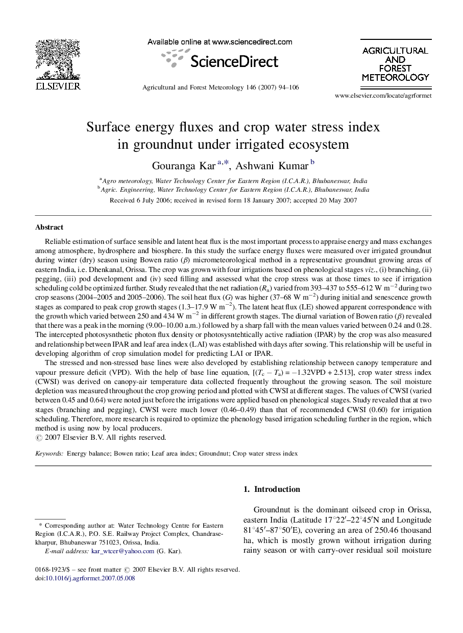 Surface energy fluxes and crop water stress index in groundnut under irrigated ecosystem