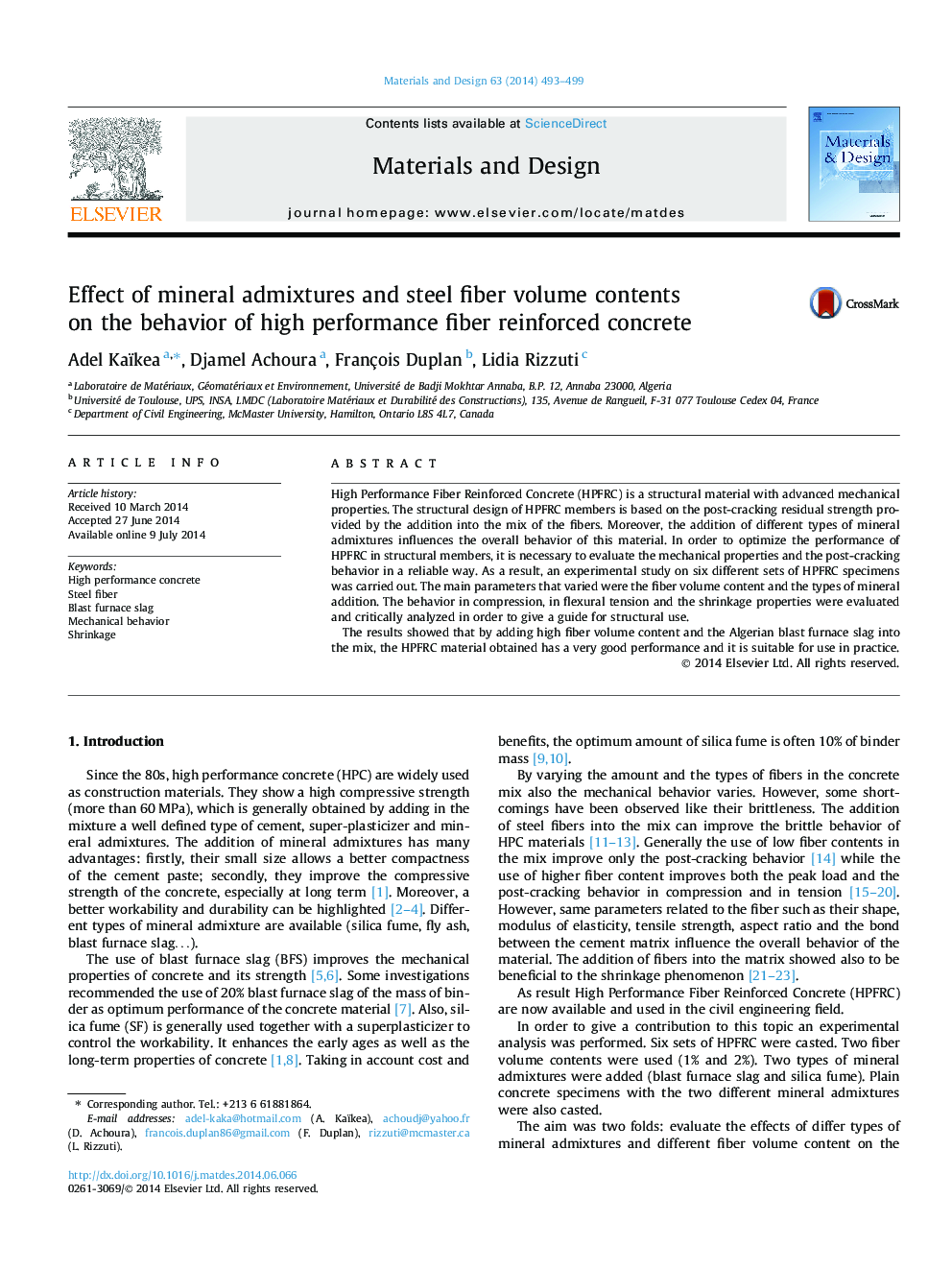 Effect of mineral admixtures and steel fiber volume contents on the behavior of high performance fiber reinforced concrete