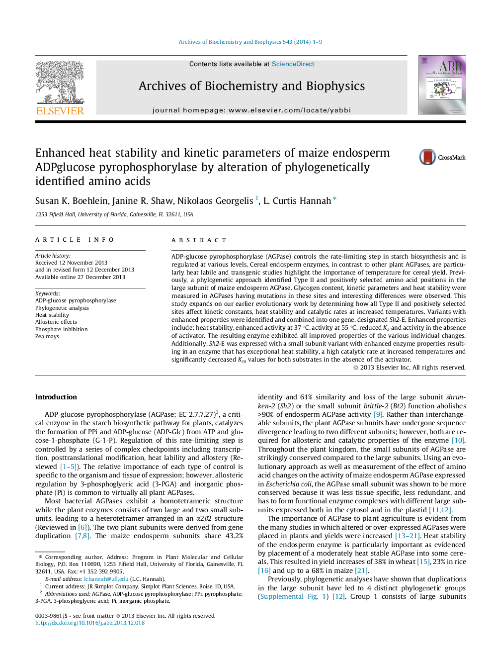 Enhanced heat stability and kinetic parameters of maize endosperm ADPglucose pyrophosphorylase by alteration of phylogenetically identified amino acids