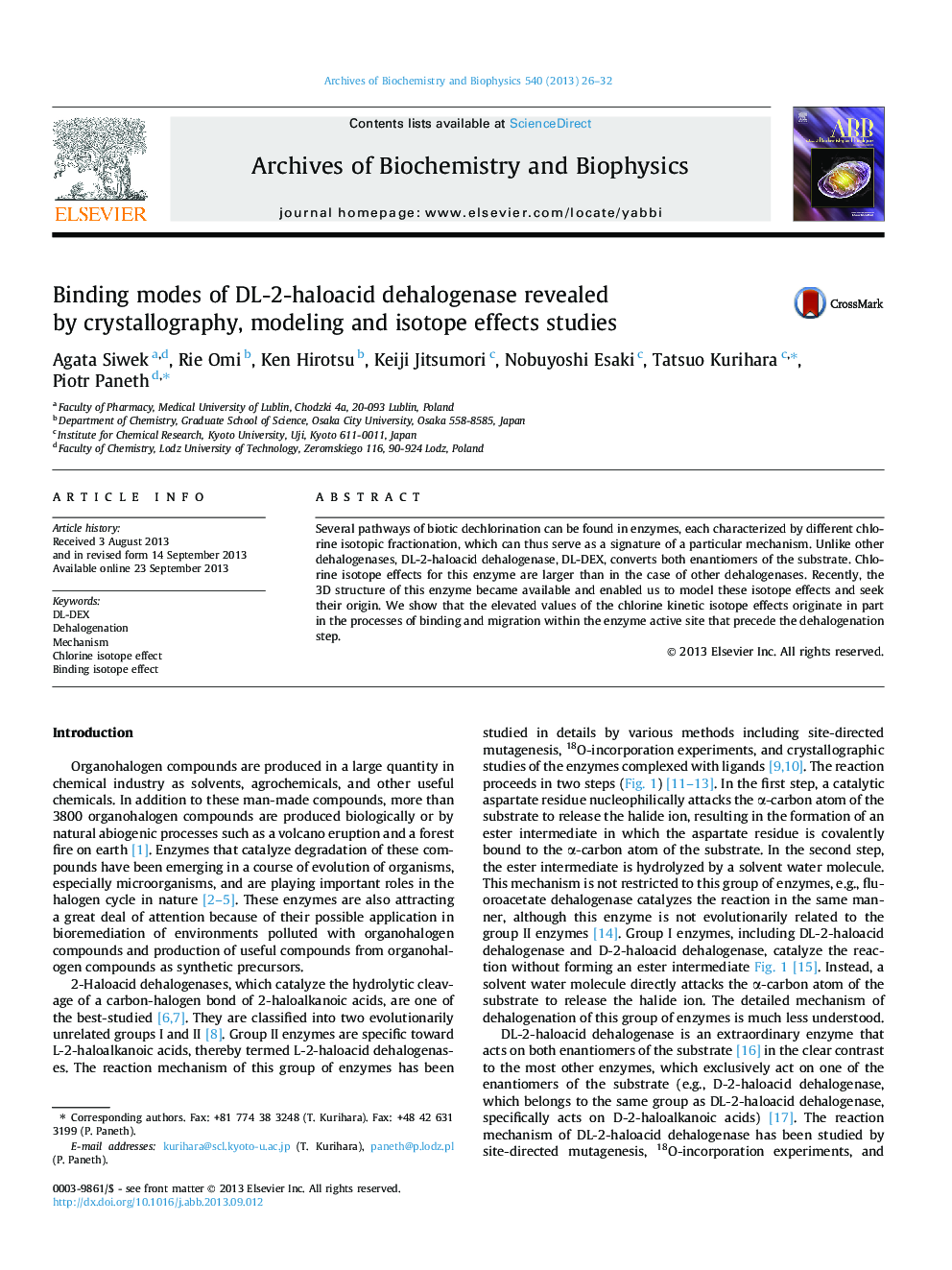 Binding modes of DL-2-haloacid dehalogenase revealed by crystallography, modeling and isotope effects studies