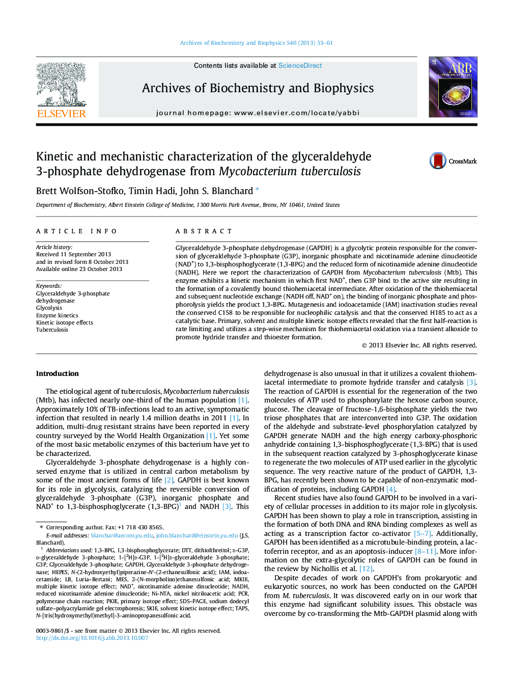 Kinetic and mechanistic characterization of the glyceraldehyde 3-phosphate dehydrogenase from Mycobacterium tuberculosis