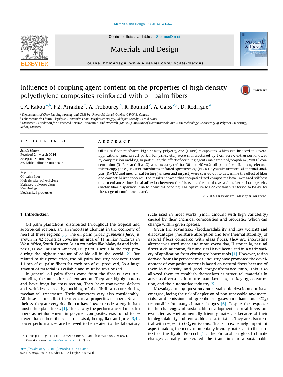 Influence of coupling agent content on the properties of high density polyethylene composites reinforced with oil palm fibers