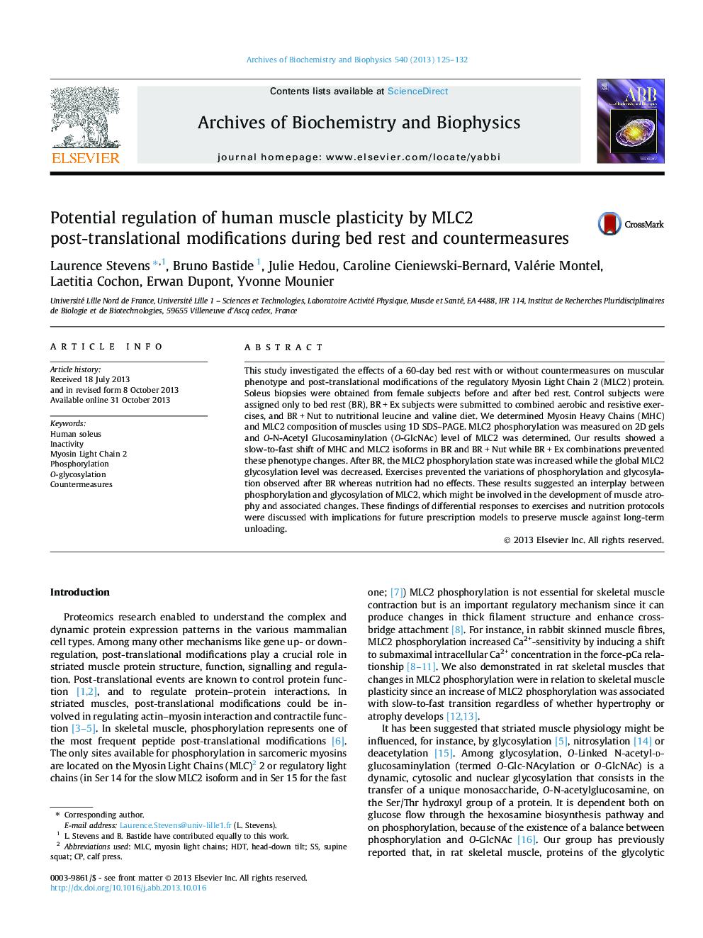 Potential regulation of human muscle plasticity by MLC2 post-translational modifications during bed rest and countermeasures