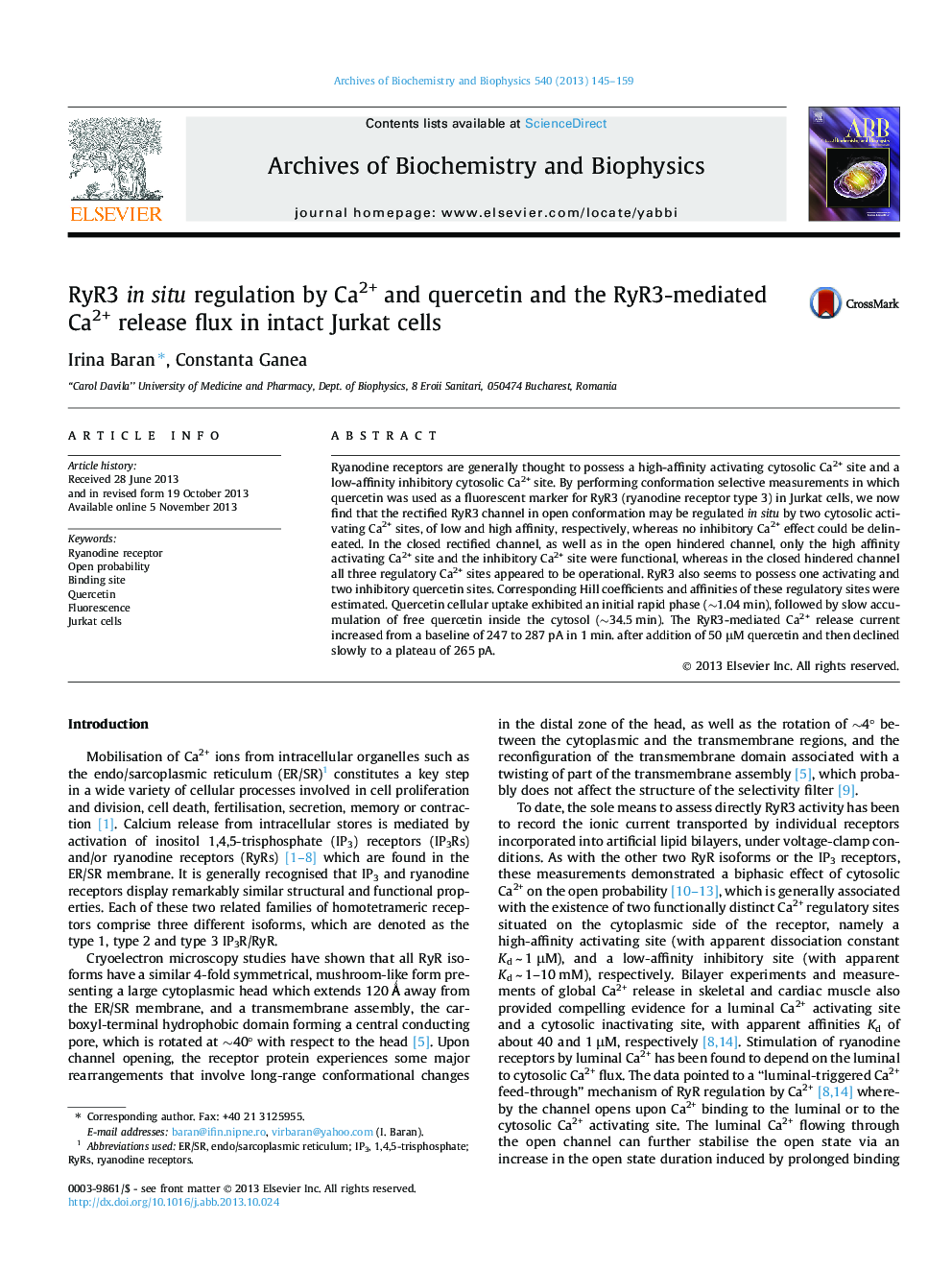 RyR3 in situ regulation by Ca2+ and quercetin and the RyR3-mediated Ca2+ release flux in intact Jurkat cells