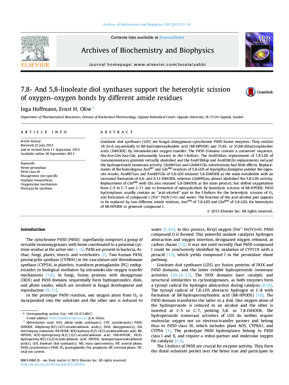 7,8- And 5,8-linoleate diol synthases support the heterolytic scission of oxygen-oxygen bonds by different amide residues