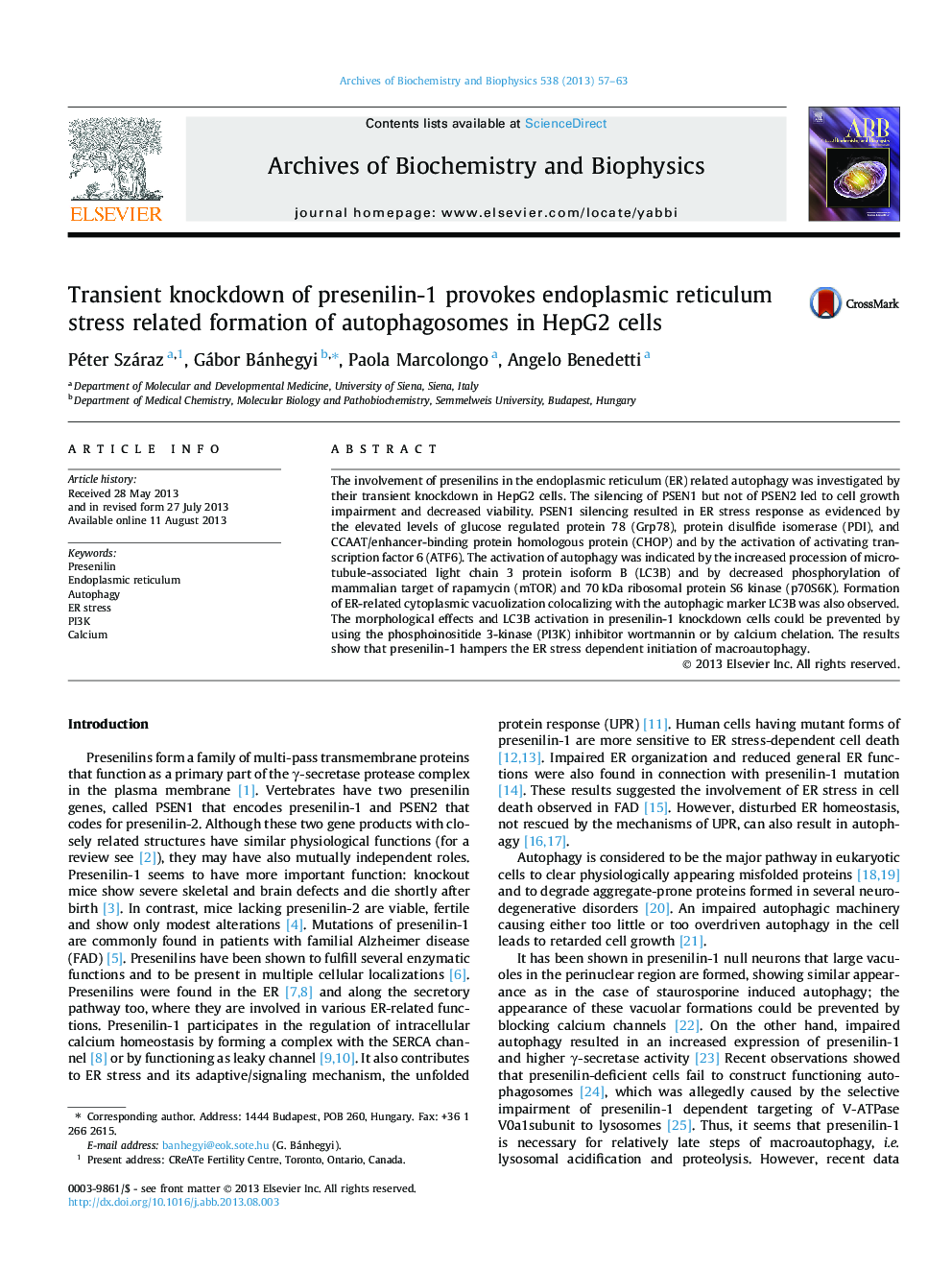 Transient knockdown of presenilin-1 provokes endoplasmic reticulum stress related formation of autophagosomes in HepG2 cells