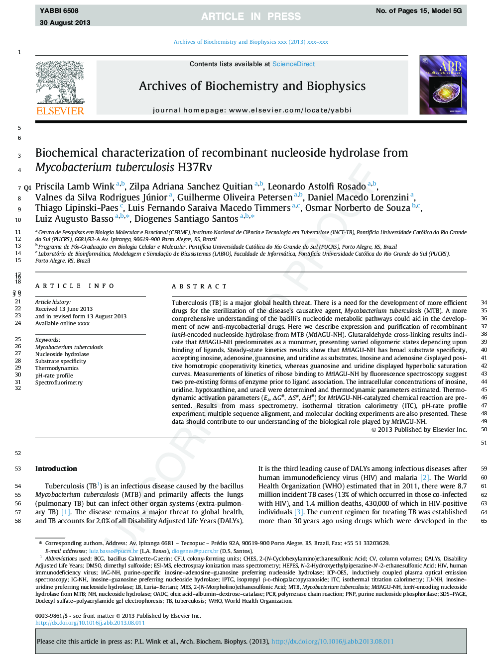 Biochemical characterization of recombinant nucleoside hydrolase from Mycobacterium tuberculosis H37Rv