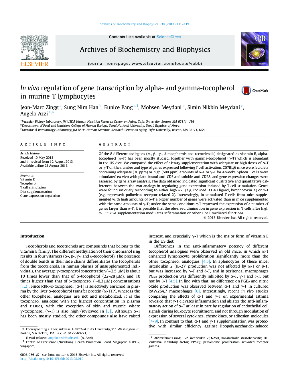 In vivo regulation of gene transcription by alpha- and gamma-tocopherol in murine T lymphocytes