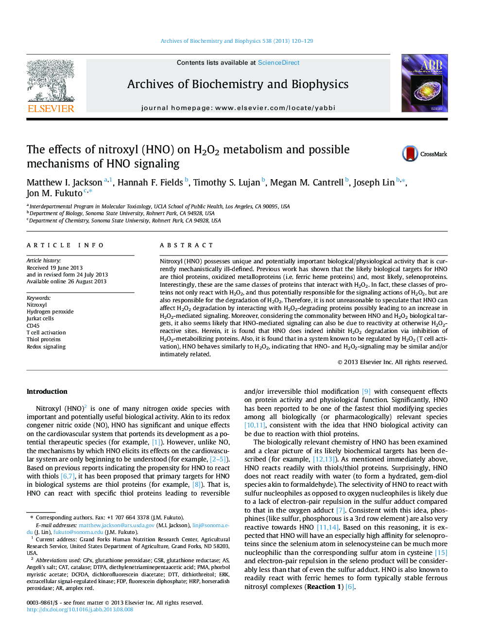 The effects of nitroxyl (HNO) on H2O2 metabolism and possible mechanisms of HNO signaling