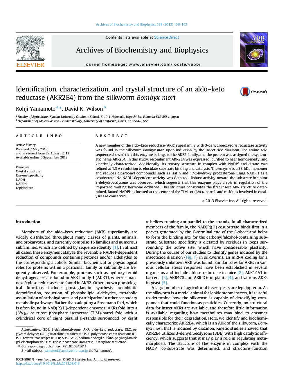 Identification, characterization, and crystal structure of an aldo-keto reductase (AKR2E4) from the silkworm Bombyx mori