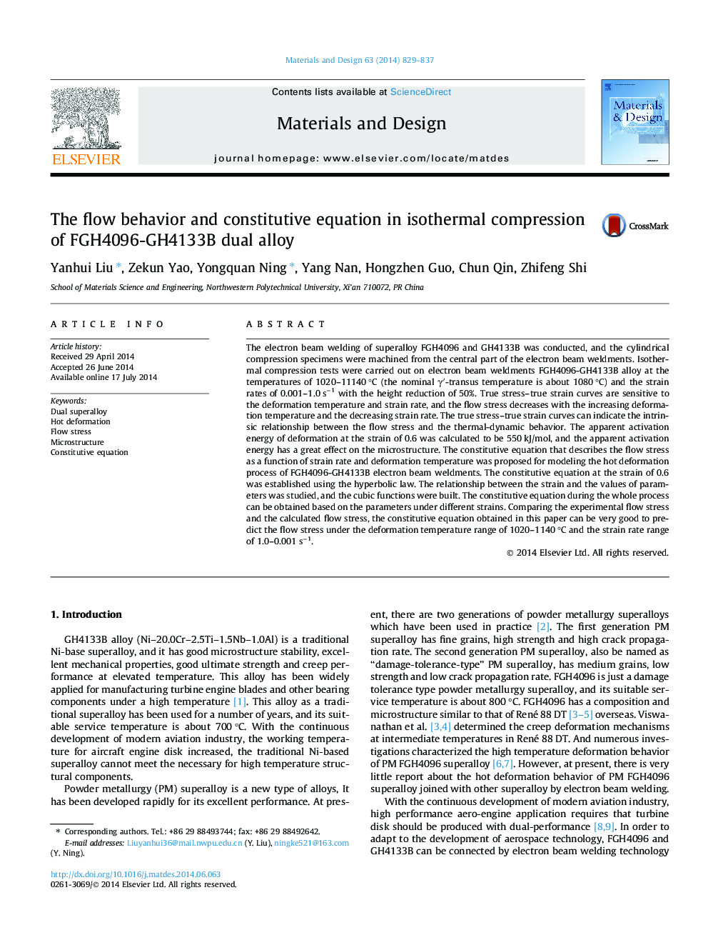 The flow behavior and constitutive equation in isothermal compression of FGH4096-GH4133B dual alloy