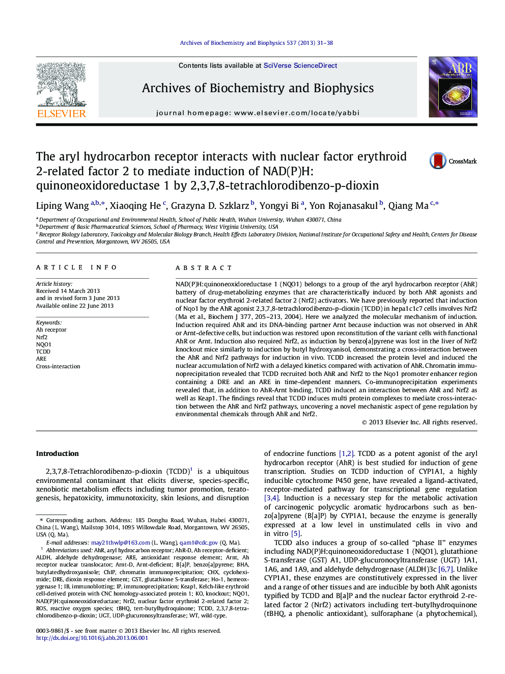 The aryl hydrocarbon receptor interacts with nuclear factor erythroid 2-related factor 2 to mediate induction of NAD(P)H:quinoneoxidoreductase 1 by 2,3,7,8-tetrachlorodibenzo-p-dioxin