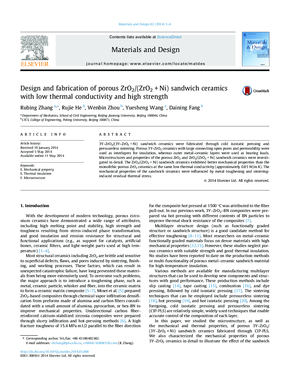 Design and fabrication of porous ZrO2/(ZrO2 + Ni) sandwich ceramics with low thermal conductivity and high strength