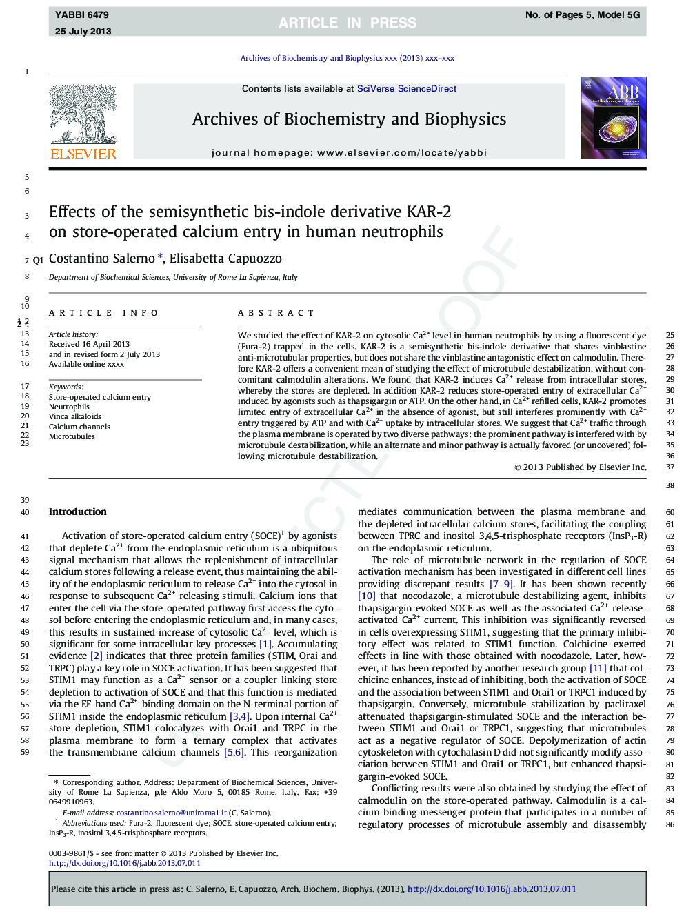 Effects of the semisynthetic bis-indole derivative KAR-2 on store-operated calcium entry in human neutrophils