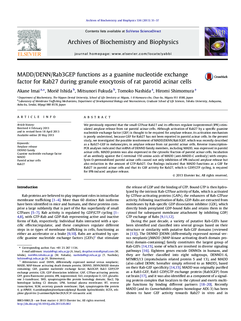 MADD/DENN/Rab3GEP functions as a guanine nucleotide exchange factor for Rab27 during granule exocytosis of rat parotid acinar cells