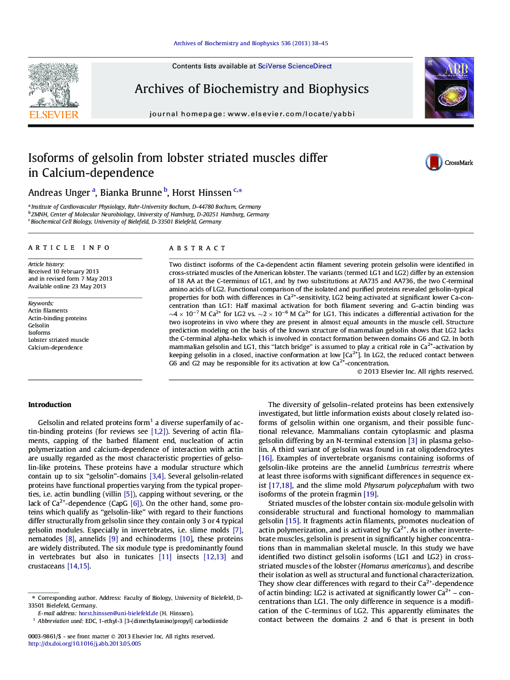 Isoforms of gelsolin from lobster striated muscles differ in Calcium-dependence