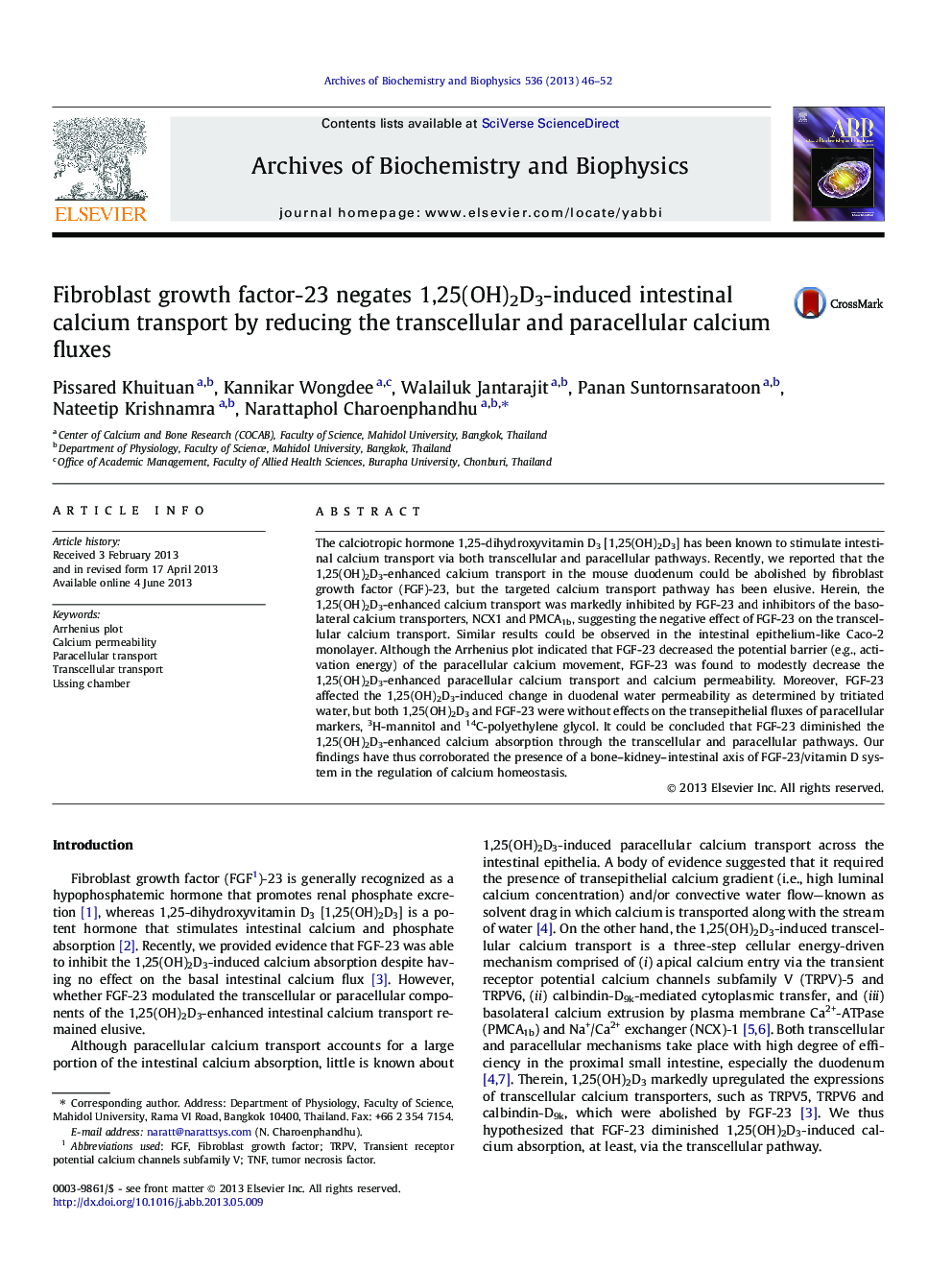 Fibroblast growth factor-23 negates 1,25(OH)2D3-induced intestinal calcium transport by reducing the transcellular and paracellular calcium fluxes