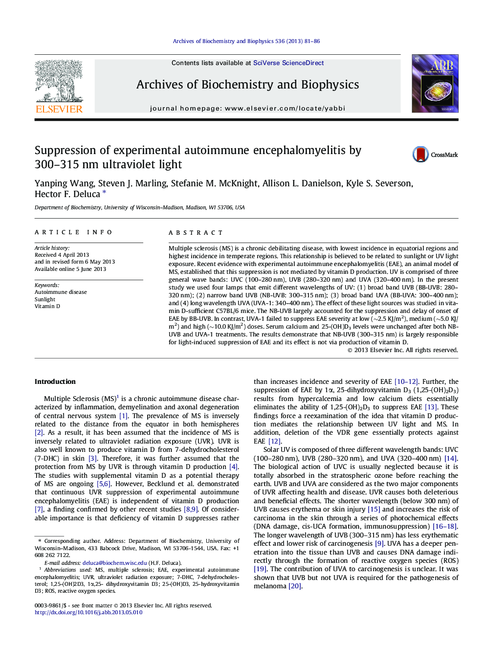 Suppression of experimental autoimmune encephalomyelitis by 300-315Â nm ultraviolet light