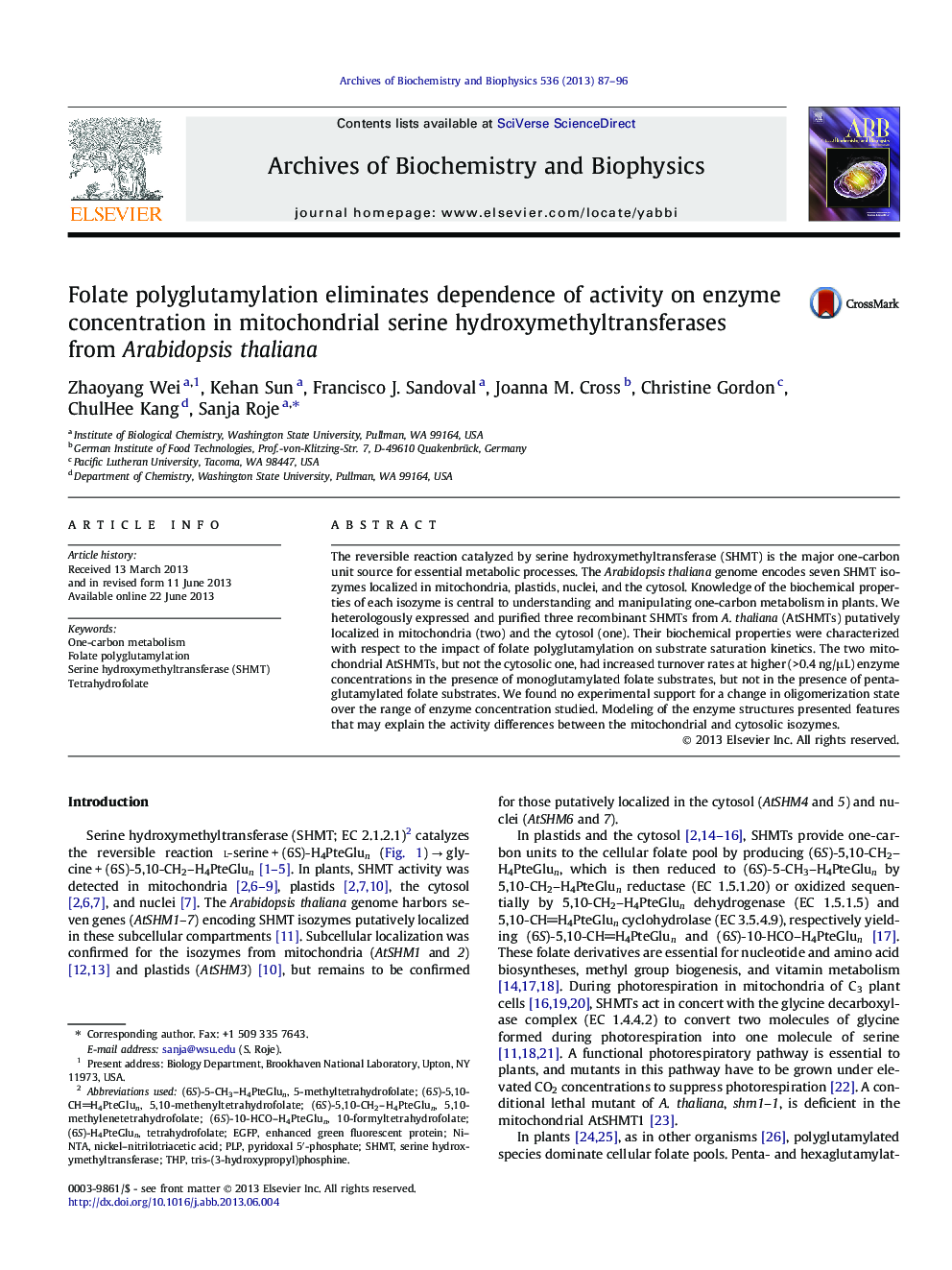 Folate polyglutamylation eliminates dependence of activity on enzyme concentration in mitochondrial serine hydroxymethyltransferases from Arabidopsis thaliana