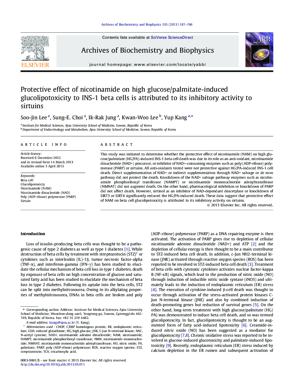 Protective effect of nicotinamide on high glucose/palmitate-induced glucolipotoxicity to INS-1 beta cells is attributed to its inhibitory activity to sirtuins