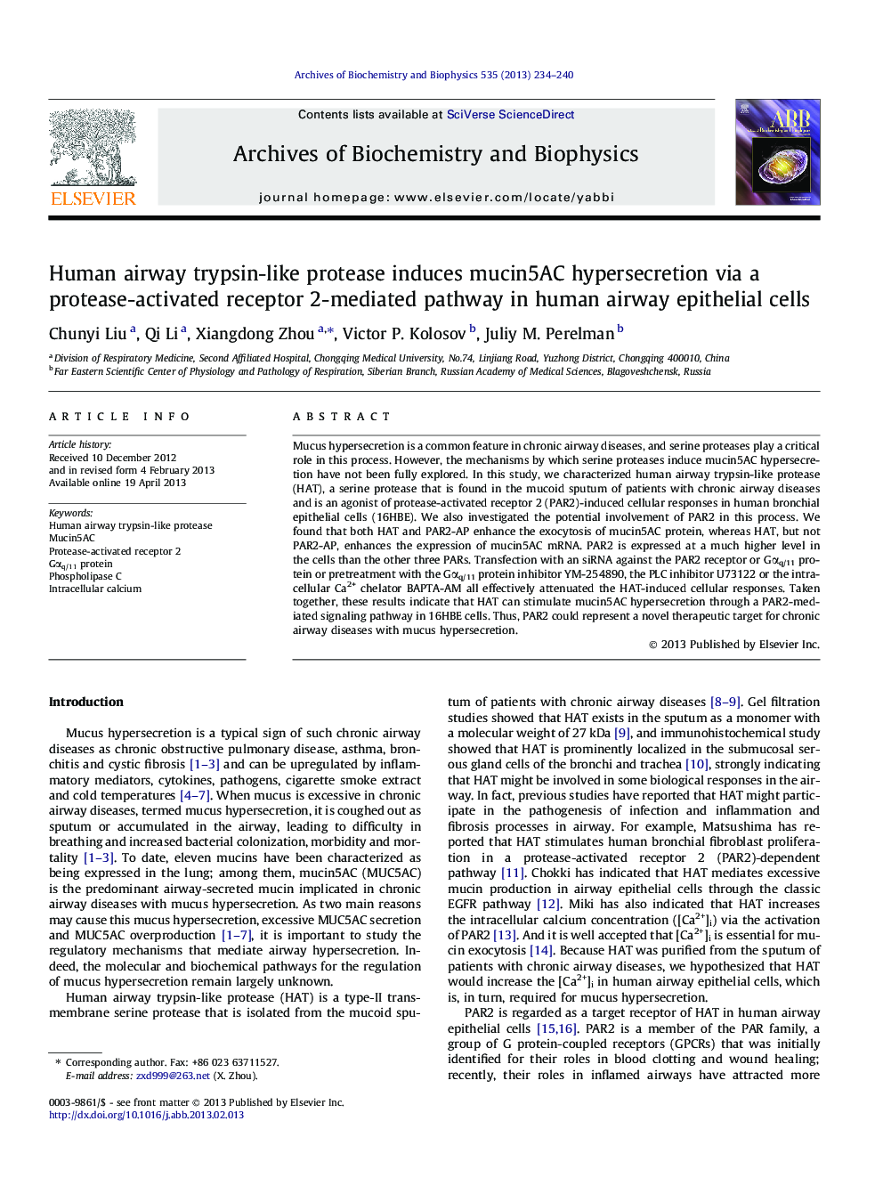 Human airway trypsin-like protease induces mucin5AC hypersecretion via a protease-activated receptor 2-mediated pathway in human airway epithelial cells