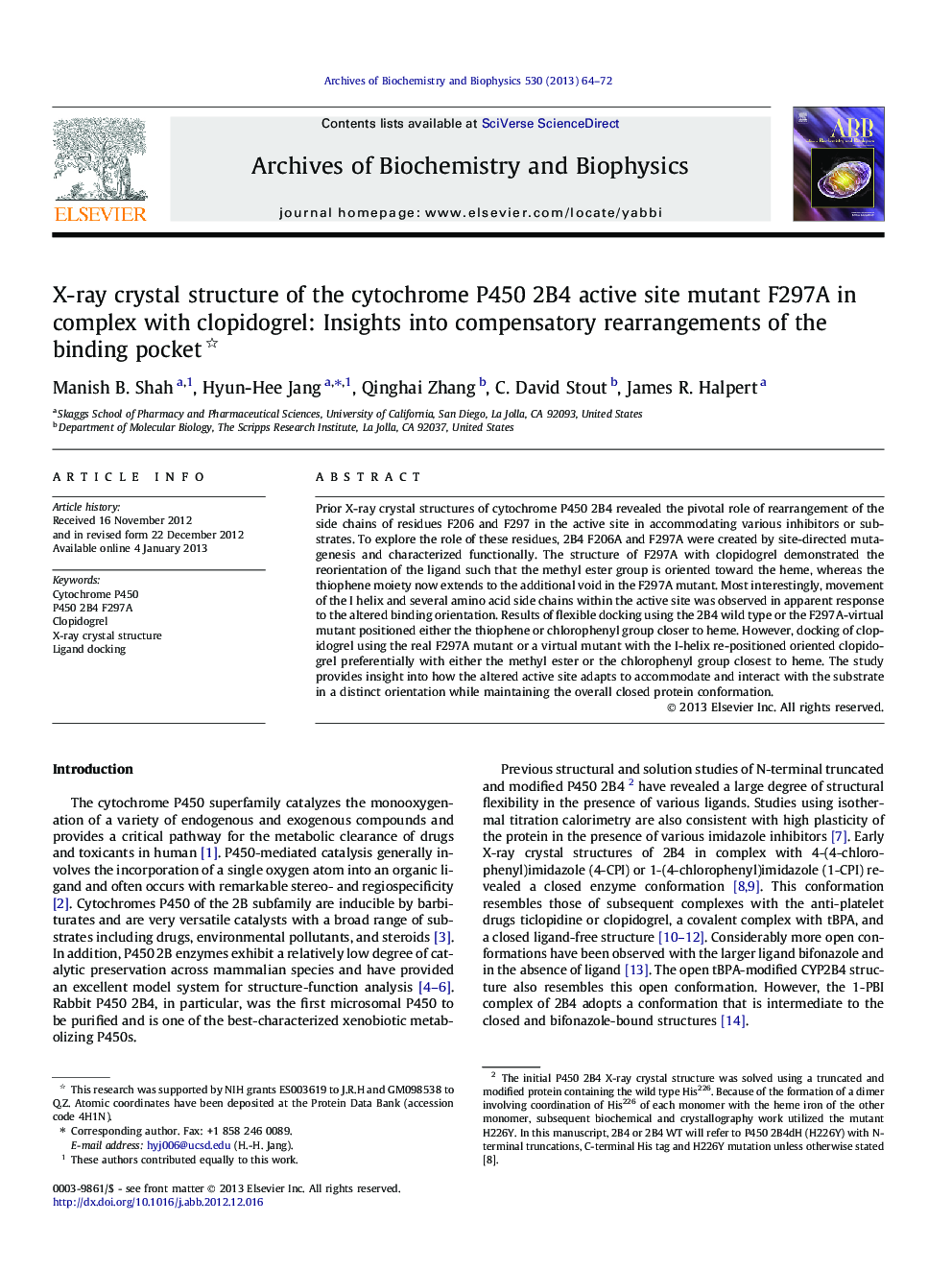 X-ray crystal structure of the cytochrome P450 2B4 active site mutant F297A in complex with clopidogrel: Insights into compensatory rearrangements of the binding pocket