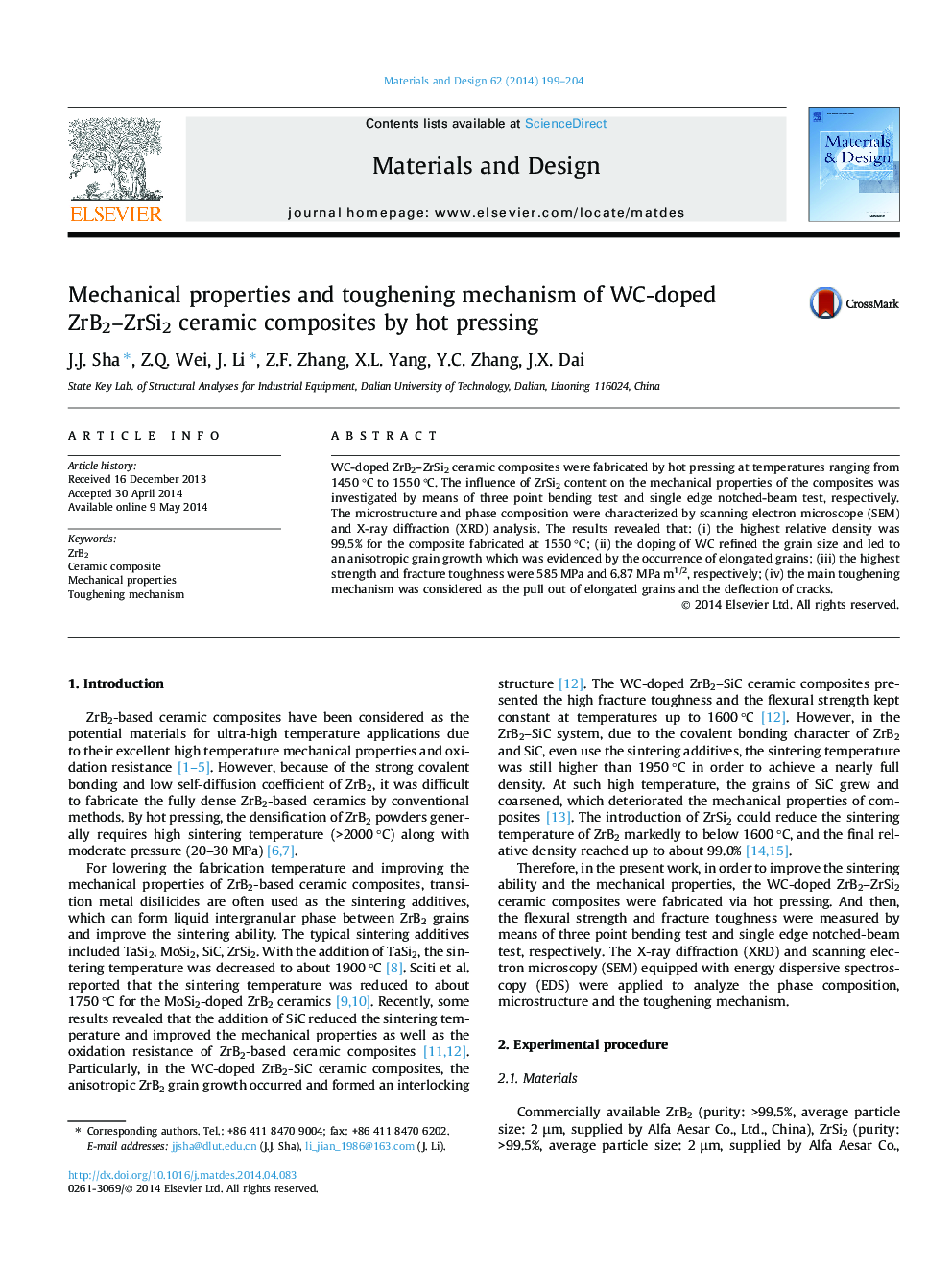 Mechanical properties and toughening mechanism of WC-doped ZrB2–ZrSi2 ceramic composites by hot pressing