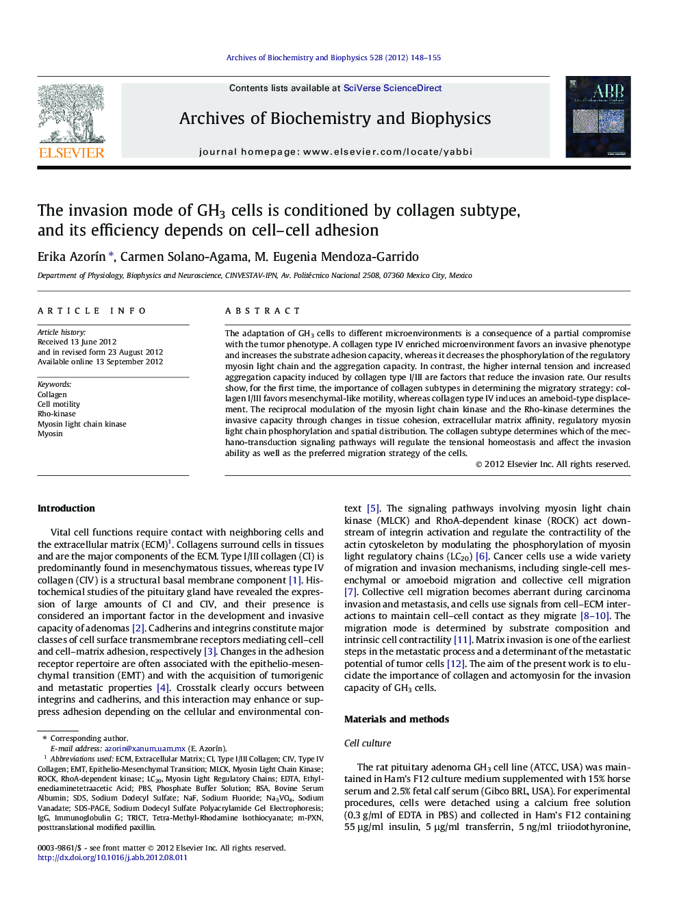 The invasion mode of GH3 cells is conditioned by collagen subtype, and its efficiency depends on cell-cell adhesion